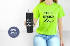 Green t-shirt woman & Black Tumbler Mockup, Mockup PSD & JPG Product Image 1