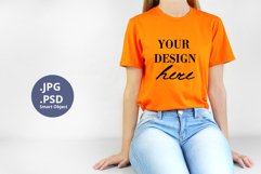 Orange t-shirt woman model Mockup, Mockup PSD & JPG Product Image 1