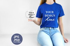 Blue t-shirt woman & 15oz White Mug Mockup, Mockup PSD & JPG Product Image 1