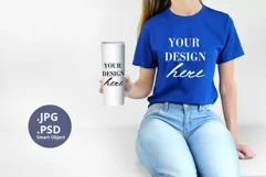 Blue t-shirt woman & White Tumbler Mockup, Mockup PSD & JPG Product Image 1