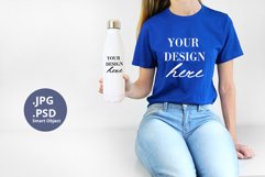 Blue t-shirt woman & White Bottle Mockup, Mockup PSD & JPG Product Image 1