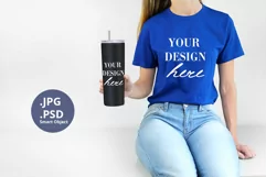 Blue t-shirt woman & Black Tumbler Mockup, Mockup PSD & JPG Product Image 1
