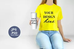 Yellow t-shirt woman & White Tumbler Mockup PSD, Mockup PSD Product Image 1
