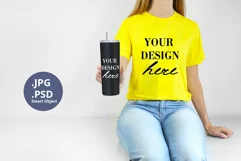 Yellow t-shirt woman & Black Tumbler Mockup PSD, Mockup PSD Product Image 1