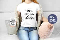 White t-shirt woman & Mug 15 oz Mockup PSD, Mockup PSD & JPG Product Image 1