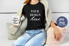 Black t-shirt woman & Mug 15 oz Mockup PSD, Mockup PSD & JPG Product Image 1