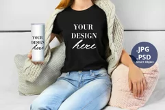 Black t-shirt female & Tumbler Mockup PSD, Mockup PSD & JPG Product Image 1