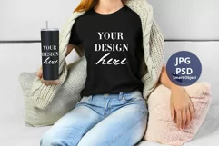 Black Tumbler & T-shirt Woman Mockup PSD, Mockup PSD & JPG Product Image 1