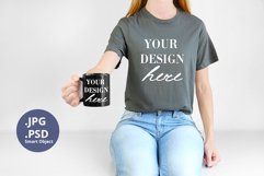 Gray t-shirt & black mug 11oz Mockup PSD, Woman holding mug Product Image 1