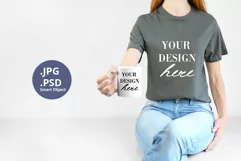 Gray t-shirt & white mug 11oz Mockup PSD, Woman holding mug Product Image 1