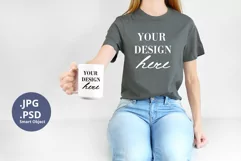 Gray t-shirt & white mug 15oz Mockup PSD, Woman holding mug Product Image 1