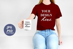 Dark red t-shirt & mug 15oz Mockup PSD, Woman holding mug Product Image 1