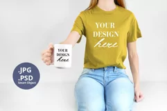 Lemon t-shirt & mug 15oz Mockup PSD, Woman holding mug JPG Product Image 1