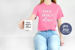 Pink t-shirt & mug 15oz Mockup PSD, Woman holding mug JPG Product Image 1
