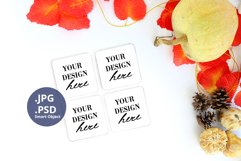 Four White coasters mockup PSD, Autumn Thanksgiving Fall PNG Product Image 1