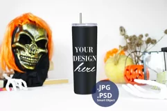 Black Tumbler Halloween Mockup PSD, 20 oz tumbler Full Wrap Product Image 1