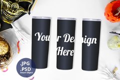 3 Black Tumblers Halloween Mockup PSD, Full Wrap tumbles Product Image 1