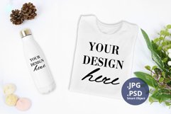 White T-shirt and bottle Christmas Mockup PSD, Mockup JPG Product Image 1