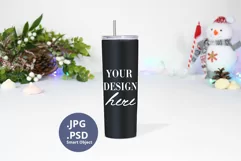 Black Skinny tumbler Christmas Mockup, Winter Snowman PSD Product Image 1
