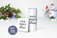 Skinny tumbler & Coaster Christmas Mockup, Winter Snowman Product Image 1