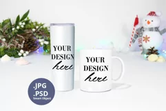 Skinny tumbler & 11oz mug Christmas Mockup, Winter Snowman Product Image 1