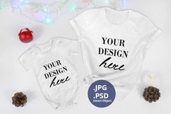 White T-shirt and Baby Bodysuit Christmas Mockup, PSD Mockup Product Image 1