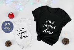 Black T-shirt and Baby Bodysuit Christmas Mockup, PSD Mockup Product Image 1