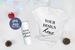 White T-shirt and White Tumbler Christmas Mockup, PSD Mockup Product Image 1