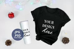Black T-shirt and White Tumbler Christmas Mockup, PSD Mockup Product Image 1