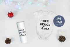 Baby bodysuit and White Tumbler Christmas Mockup, PSD Mockup Product Image 1