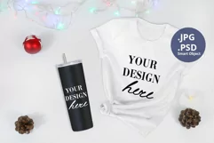 White T-shirt and Black Tumbler Christmas Mockup, PSD Mockup Product Image 1