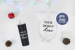 Baby bodysuit and Black Tumbler Christmas Mockup, PSD Mockup Product Image 1