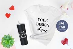 White T-shirt and 20 oz Tumbler St Valentine's day Mockup Product Image 1