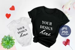 Black T-shirt and Baby Bodysuit St Valentine's day Mockup Product Image 1