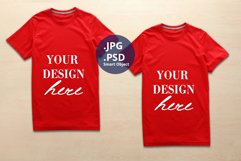 2 Red T-shirts Mockup, Small size Men's t-shirt Mockup PSD Product Image 1