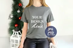 Gray Christmas T-shirt Mockup On Young Woman, PSD Mockup Product Image 1