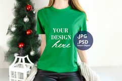 Green Christmas T-shirt Mockup On Young Woman, PSD Mockup Product Image 1