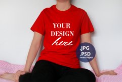 Red T-shirt Mockup on Woman, Plain Background PSD Mockup Product Image 1