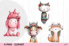 Whimsical Hippie Animal Bundle, Valentine Clipart PNG Product Image 7