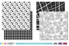 Black and white digital backgrounds with stripes, plaid, stars and contemporary geometric patterns.