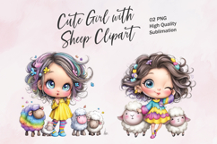 Cute Girl with Sheep Clipart png Product Image 1