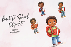 African American Boy with Backpack Watercolor Clipart Product Image 1