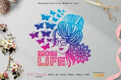 Mom Life SVG, Butterflies, Messy Bun, Woman Wearing Glasses Product Image 1
