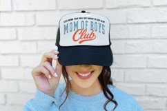 Funny mom of boys quote design featuring arched text and large collegiate lettering with script “Club,” styled in a worn retro color palette.