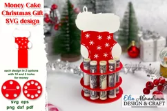 Cute Svg design Money Cake with Santa Socks with decoration snowflakes for Christmas gift. Design comes in 2 option- with 10 and 5 holes for paper banknotes. Stable construction with 2 tiers.