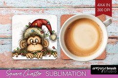 Monkey Tangled In Christmas Lights Square Coaster Funny Xmas Product Image 1