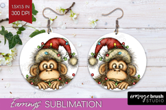 Monkey Tangled In Christmas Lights Round Earrings Funny Xmas Product Image 1