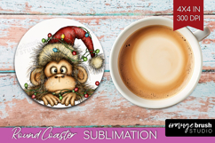 Monkey Tangled In Christmas Lights Round Coaster Funny Xmas Product Image 1