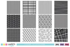 Monochrome digital papers featuring stripes, checks, stars and geometric black and white patterns.