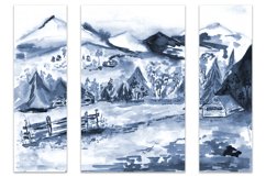 Watercolor painting of the mountains, forest, houses, meadow, and fence. Drawing toned in indigo blue color.